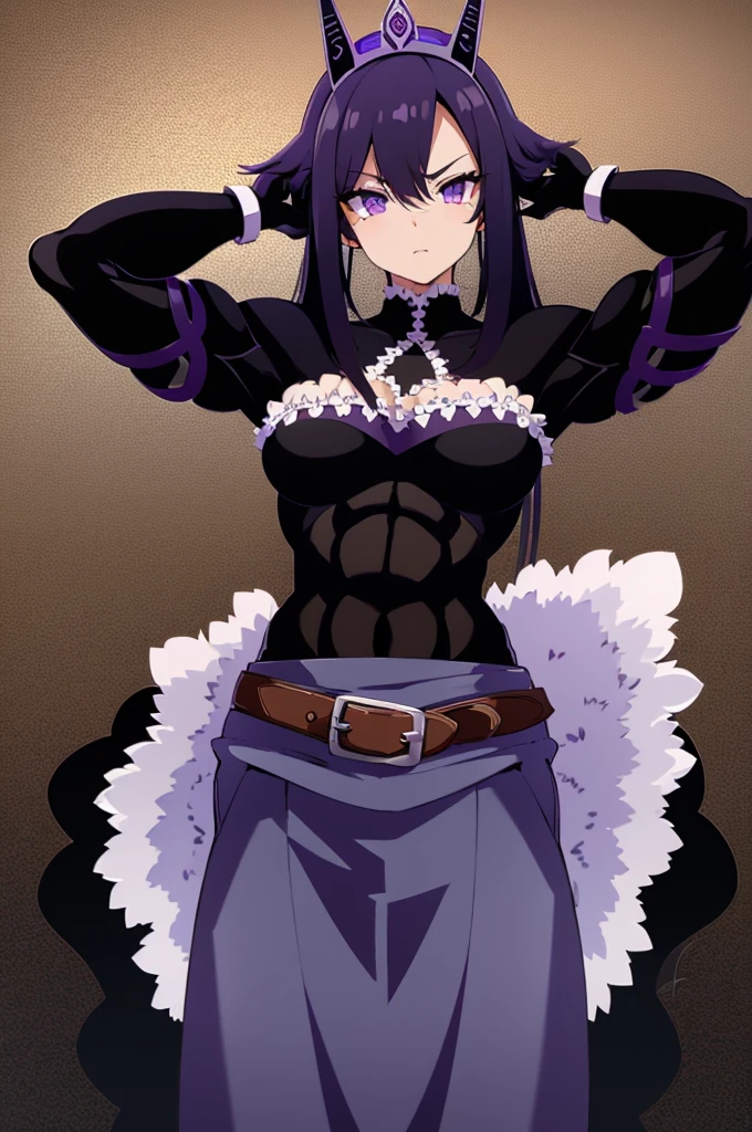 Adult woman with long dark purple hair, purple eyes, bowed head, with a black battle belt, dressed in tight gothic clothing, makeup, prodigy warrior, black gloves, serious, good vibes, with a small stone crown, with simple shoulder pads, scratches on his pants, with a cape and a cool shirt, black pants, with a mecha mask and dark war combat attire