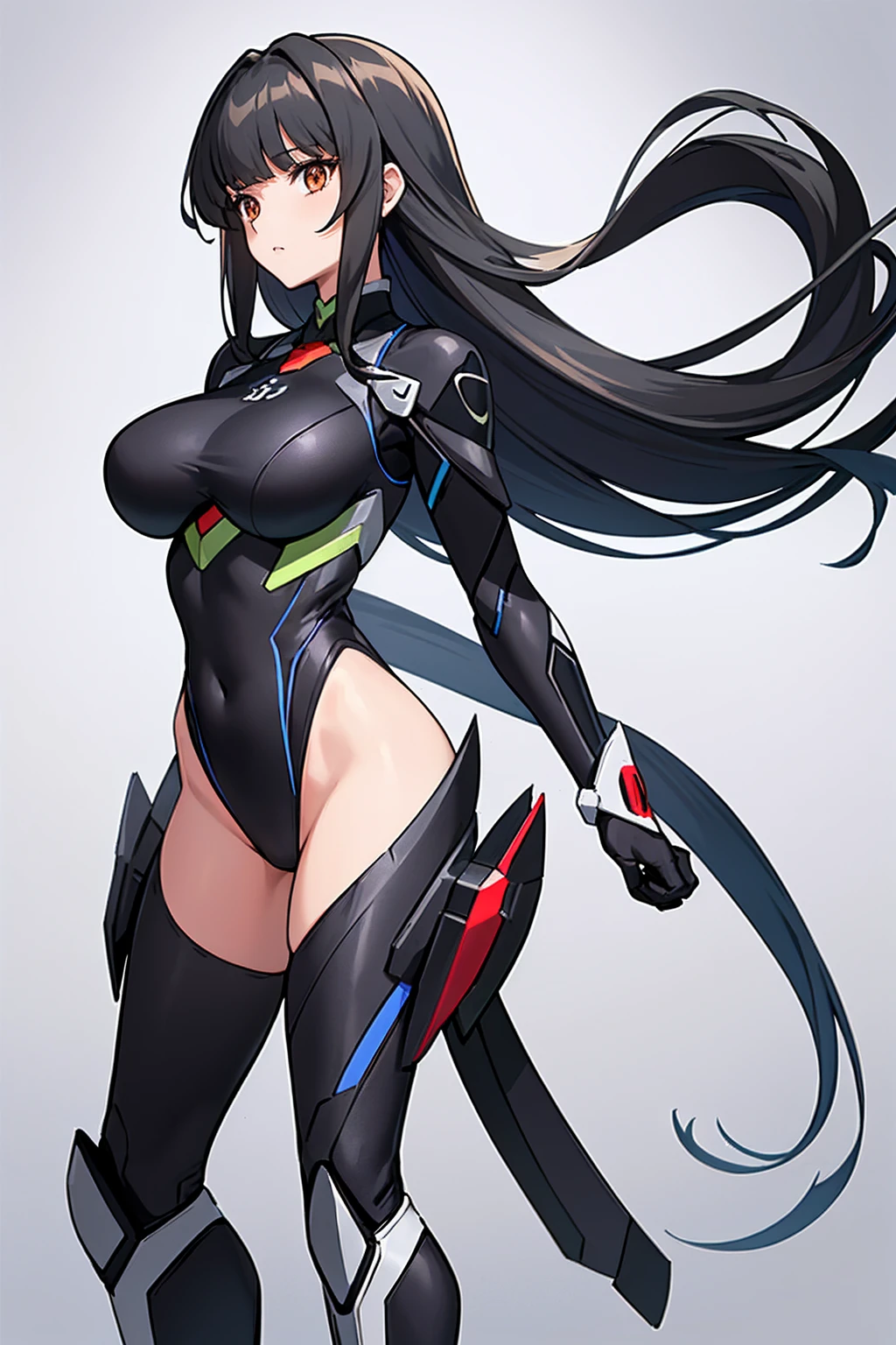 whole body,Standing posture, (alone,Beautifully arranged hair,Black Hair,Straight Long Hair,Hime cut,Cropped bangs,) (Super big breasts,Girl,), (beautifully drawn face:1.2) (High leg leotard,Symphogear Suit,Sci-Fi Suit) Expressionless,(White background) 