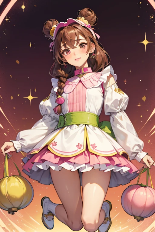 Court Champ has brown skin and eyes with fuchsia lipstick and faint pink blush. Her brown hair is worn in large puffy buns with a gold ombre, and on top of her head are several small woven braids, beneath a chartreuse visor. She wears a white top with a chartreuse collar and two tennic rackets on the chest. Her pleat skirt is fuchsia with two white lines on the bottom and a peach waistband. Her white shoes are accent with chartreuse socks. SPARKLE; GLITTER