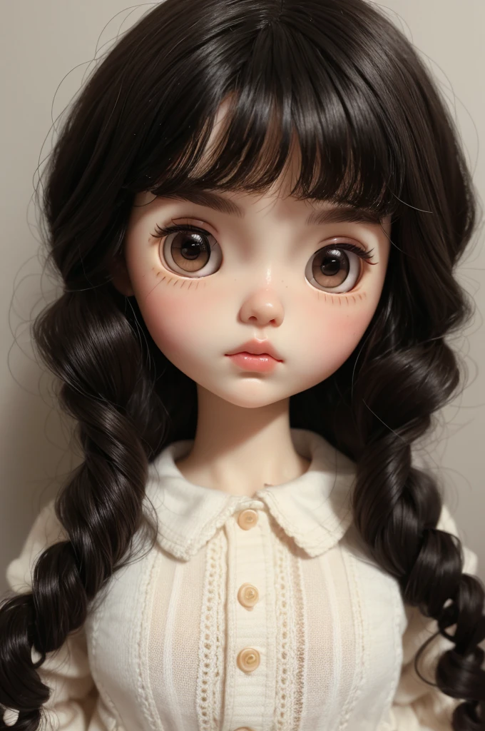 Blythe doll with curly black hair, dark brown eyes, tired face and round cheeks