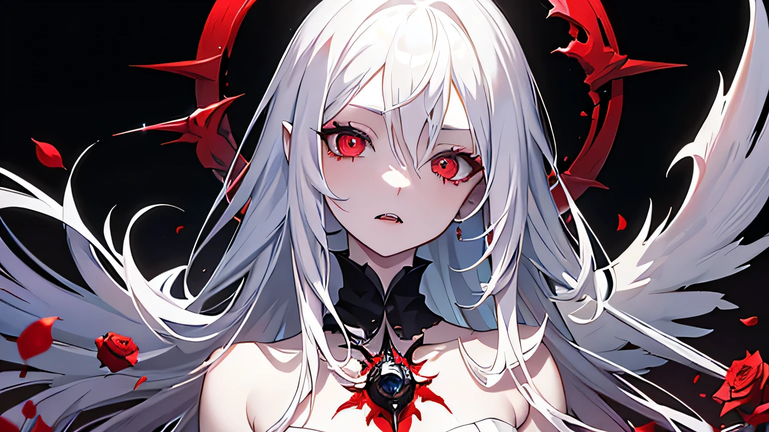 art poster, close-up portrait, anime albino Vampire Princess, red eyes, long white hair, gothic style, roses in hair, dark black eyelashes, white glow irises, fangs, light blue dress, digital illustration, comic style, gothic renaissance, perfect anatomy, centered, approaching perfection, dynamic, highly detailed, gothic castle detailed background, blood, artstation, concept art, smooth, sharp focus, illustration, art by wlop and ross tran ,glitter, epic, by Gustave Moreau style.