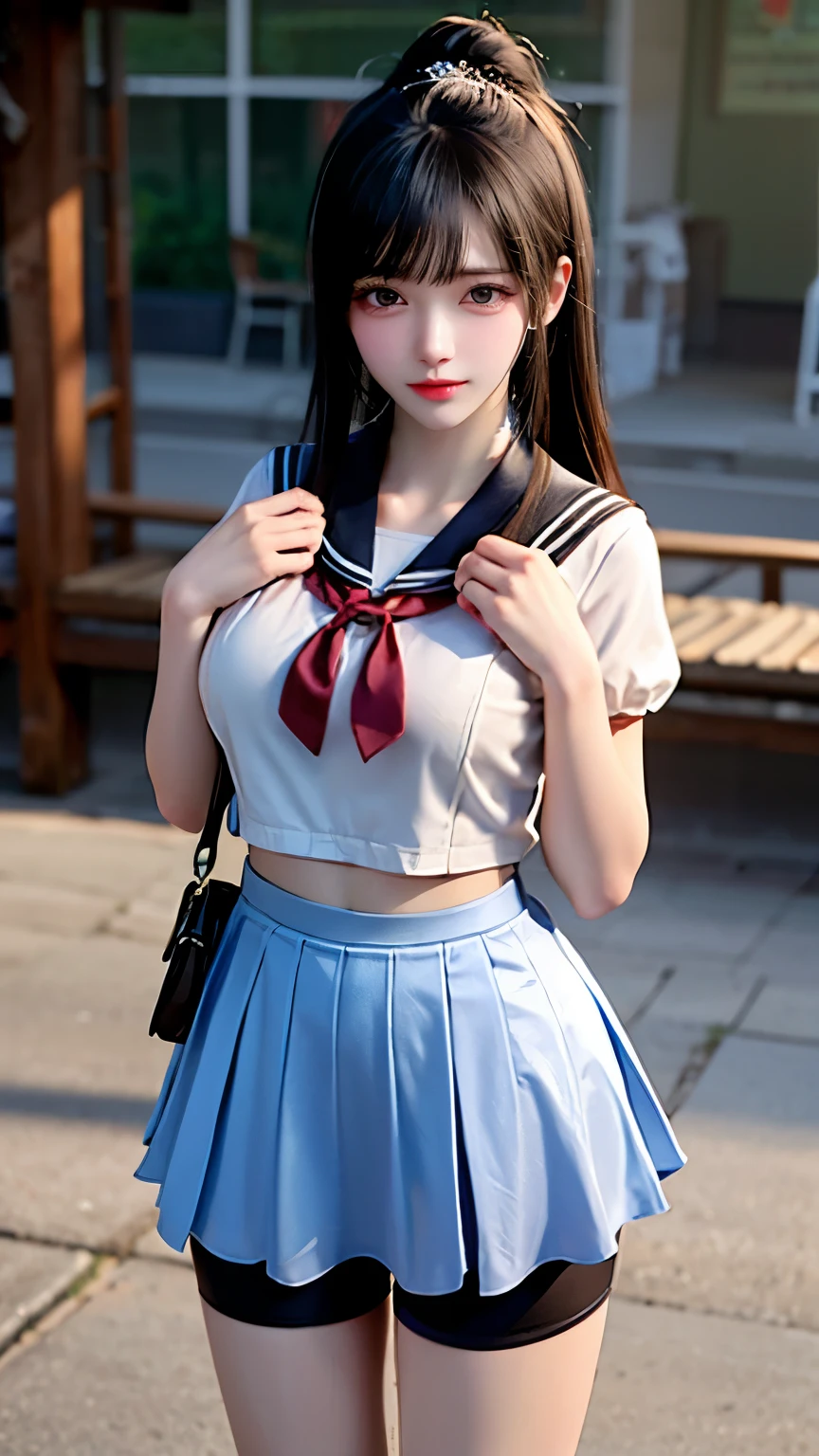 (Very delicate and beautiful:1.2)super model,,Big Breasts,Beautiful breasts,voluptuous,【bike shorts】,,【3girls】,,Highest quality, High resolution, 8K,mini skirt,Sailor suit,Kick in a hurry