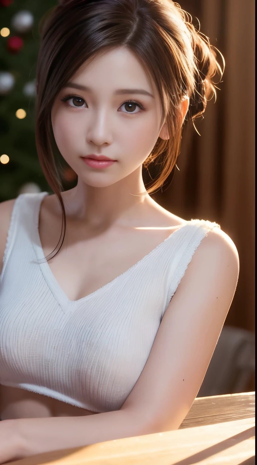 (logo, masterpiece, 8K, Tabletop, RAW Photos, wonderful, 最high quality, Photorealistic and very detailed CG composite 8k wallpaper, high quality, Very detailed, Narrative poem, Particle Effects, Dynamic Effects, Depth of the Boundary, What is written i, Cinematic Light, Lens flare, Ray Tracing),  Beautiful young woman, Pensive expression,、A charming、and an inviting look, cute santa clothes, Hair tied back, Cinematic background, Light skin tone
