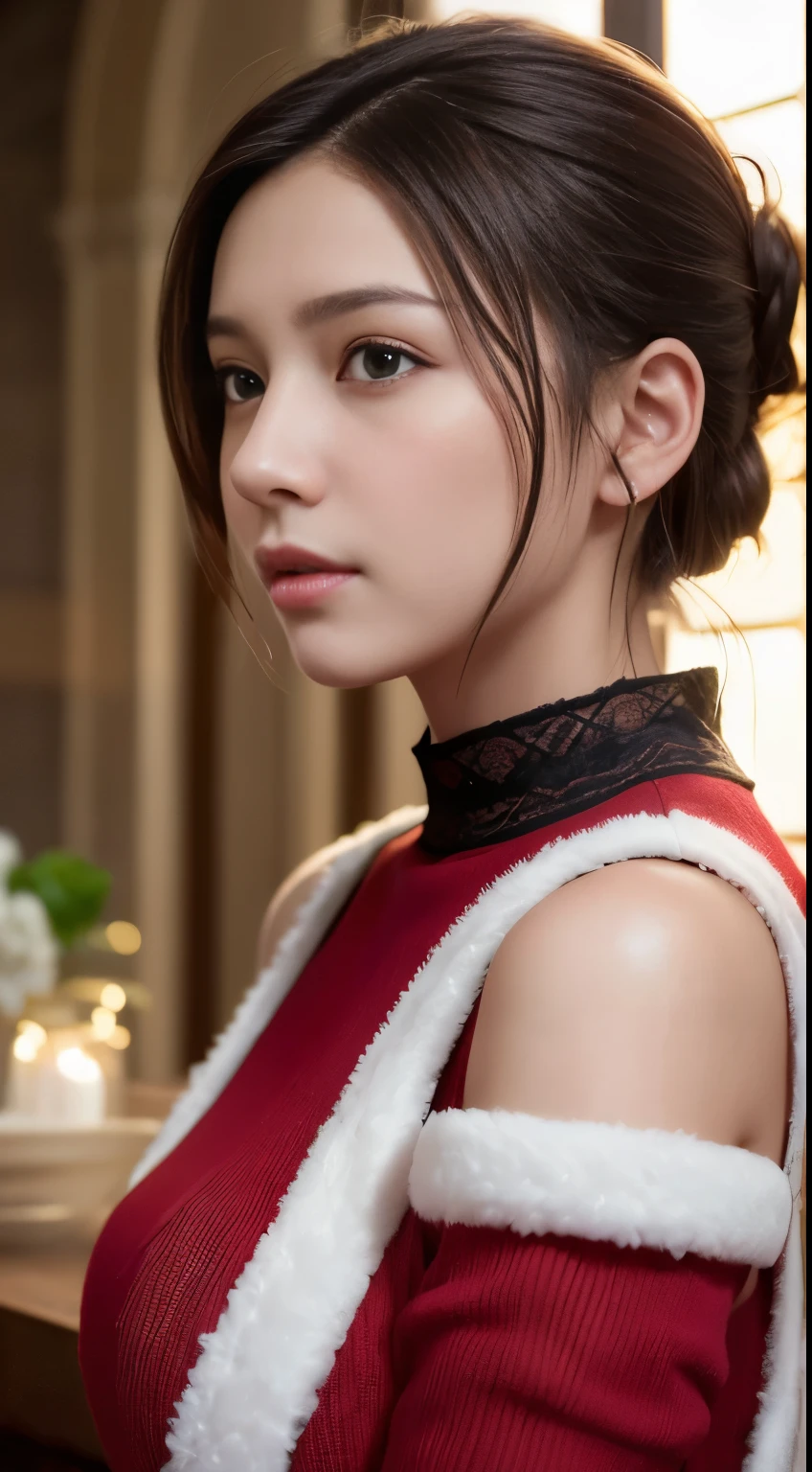 (logo, masterpiece, 8K, Tabletop, RAW Photos, wonderful, 最high quality, Photorealistic and very detailed CG composite 8k wallpaper, high quality, Very detailed, Narrative poem, Particle Effects, Dynamic Effects, Depth of the Boundary, What is written i, Cinematic Light, Lens flare, Ray Tracing),  Beautiful young woman, Pensive expression,、A charming、and an inviting look, cute santa clothes, Hair tied back, Cinematic background, Light skin tone