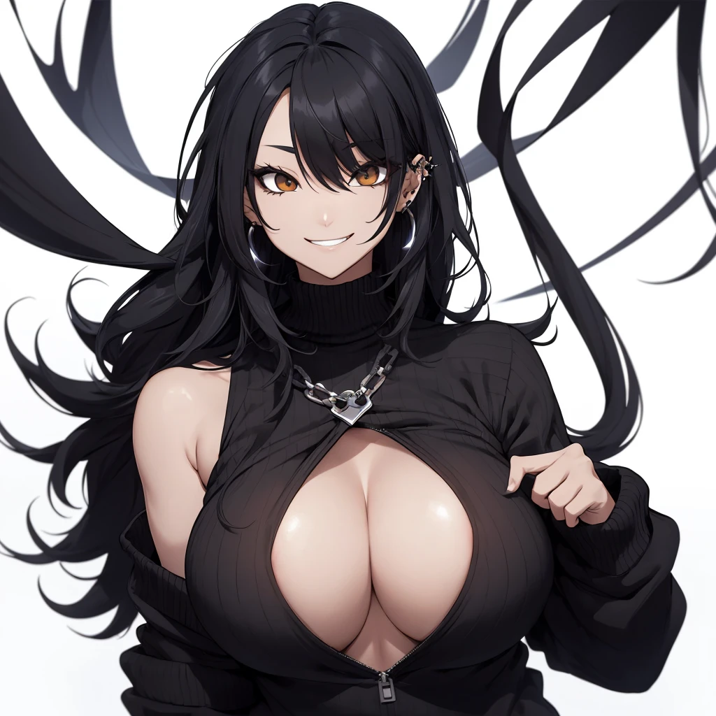 kpop girl with rizz smile face, bad ass, long black messy hair, piercing, black sweater, white background ,jht, huge boobs , curvy body, cleavage, shoulder free, close up, dark skin
