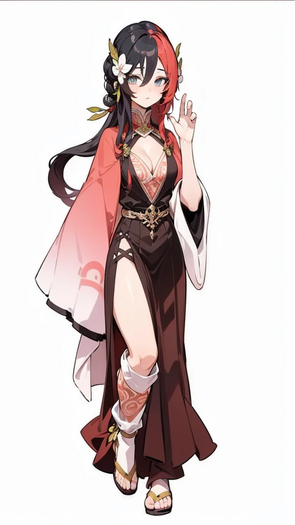 ((Masterpiece, highest quality)), detailed face, character sheet, Full body, 1girl, beautiful detailed eyes, black hair, long hair, ((Voluminous hair)), hair between eyes, beauty red dress with detailed golden pattern, very long dress, very large dress, very large sleeve, very large silk red cloak, best decoration, best wrinkles, 8K resolution, full of details, multiple poses and expressions, highly detailed, depth, many parts