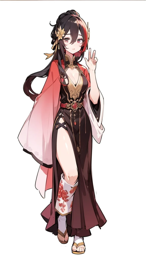 ((Masterpiece, highest quality)), detailed face, character sheet, Full body, 1girl, beautiful detailed eyes, black hair, long hair, ((Voluminous hair)), hair between eyes, beauty red dress with detailed golden pattern, very long dress, very large dress, very large sleeve, very large silk red cloak, best decoration, best wrinkles, 8K resolution, full of details, multiple poses and expressions, highly detailed, depth, many parts