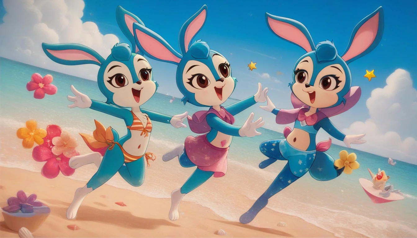 (masterpiece), ((best quality), ((high resolution)), (Extremely detailed CG unity 8k wallpaper), Five bunny girls, Animal ears,open mouth,Smile,hairy,Brown eyes,Smile,happy,Perfect hands,Perfect feet,Perfect bunny ears,短Tail,Animal nose,Blue fur,,Blue Hair,Tail,Beach,seaside,stars and stripes bikini,Smile,Elated,hands in arms,Dance together,