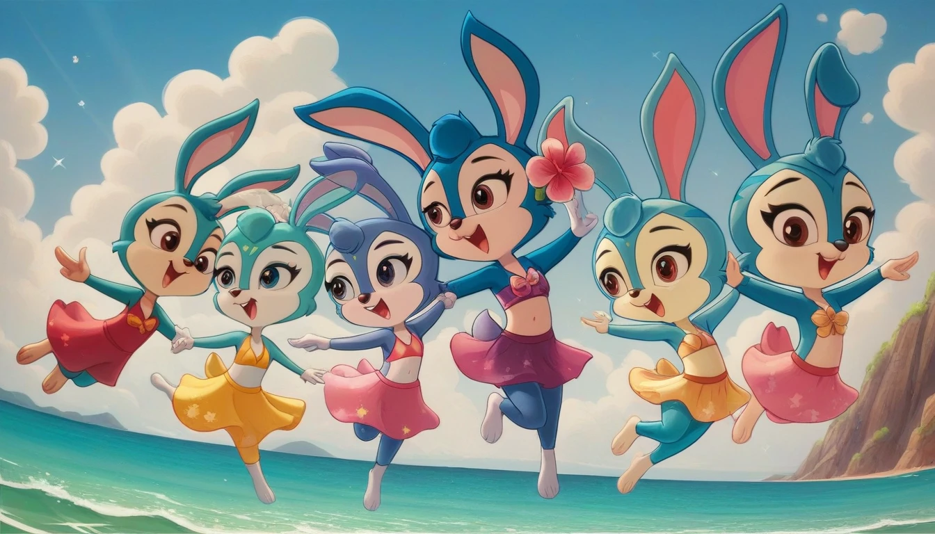 (masterpiece), ((best quality), ((high resolution)), (Extremely detailed CG unity 8k wallpaper), Five bunny girls, Animal ears,open mouth,Smile,hairy,Brown eyes,Smile,happy,Perfect hands,Perfect feet,Perfect bunny ears,短Tail,Animal nose,Blue fur,,Blue Hair,Tail,Beach,seaside,stars and stripes bikini,Smile,Elated,hands in arms,Dance together,