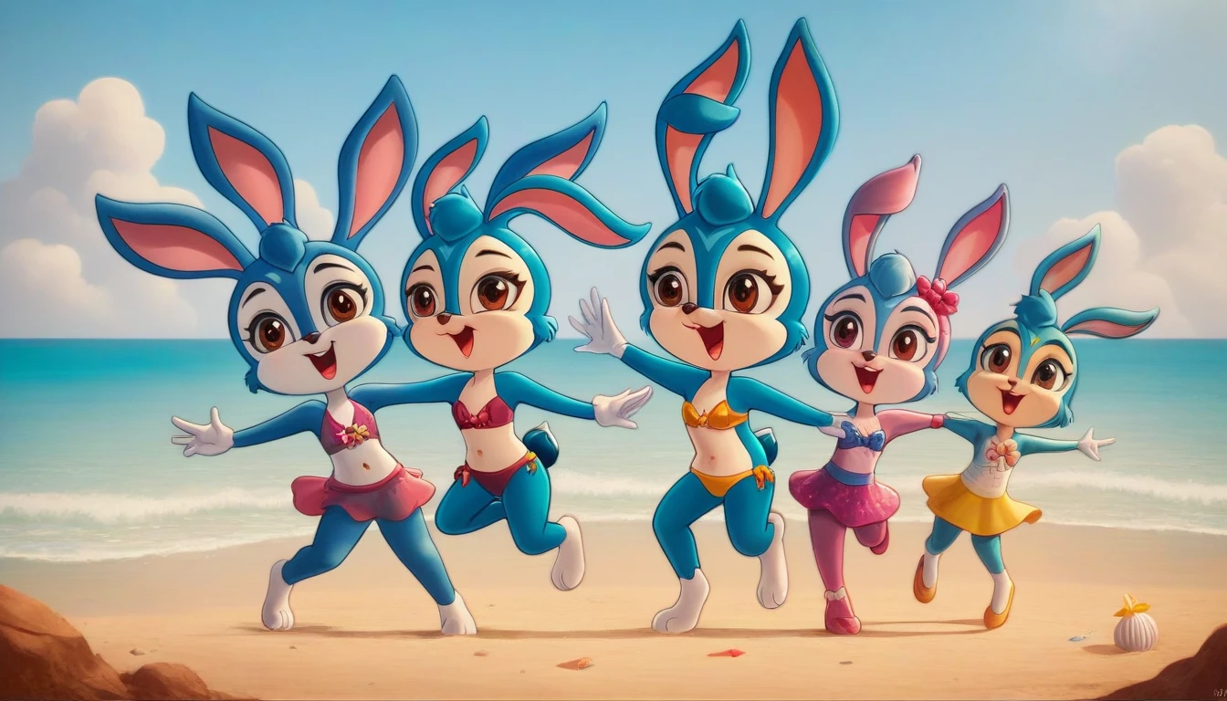 (masterpiece), ((best quality), ((high resolution)), (Extremely detailed CG unity 8k wallpaper), Five bunny girls, Animal ears,open mouth,Smile,hairy,Brown eyes,Smile,happy,Perfect hands,Perfect feet,Perfect bunny ears,短Tail,Animal nose,Blue fur,,Blue Hair,Tail,Beach,seaside,stars and stripes bikini,Smile,Elated,hands in arms,Dance together,