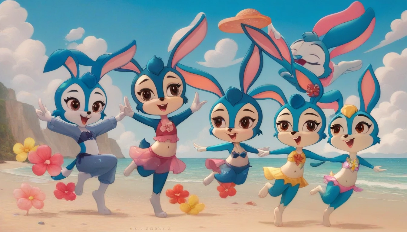 (masterpiece), ((best quality), ((high resolution)), (Extremely detailed CG unity 8k wallpaper), Five bunny girls, Animal ears,open mouth,Smile,hairy,Brown eyes,Smile,happy,Perfect hands,Perfect feet,Perfect bunny ears,短Tail,Animal nose,Blue fur,,Blue Hair,Tail,Beach,seaside,stars and stripes bikini,Smile,Elated,hands in arms,Dance together,