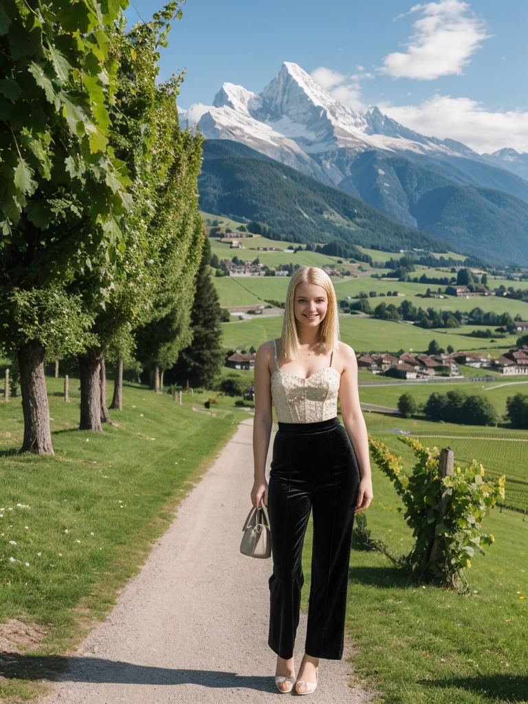 her name is Marie, 1girl, ((solo)), ((20-year-old fit Caucasian woman)), ((20 years old)), ((fit)), , ((pale skin tone)), ((medium length straight blonde hair)), wearing A velvet corset top paired with wide-leg utility pants, smiling, pose: standing, background: Write about the serene beauty of Switzerland's Lake Geneva, surrounded by the majestic Alps and dotted with charming lakeside towns and vineyards