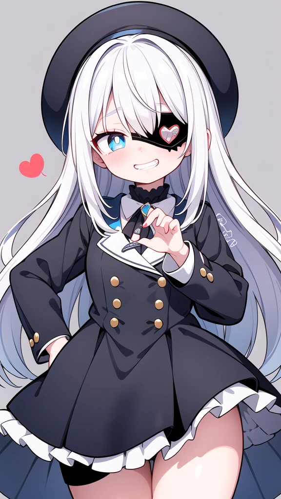  seargent woman, [white hair], pupils, watching the vewier, 
full picture, ultra detailed, 
glowing blue eyes, medium size hat, poutlines, yandere makeup, 
(eye patch), embarrassed, heart-shaped pupils, 
evil grin