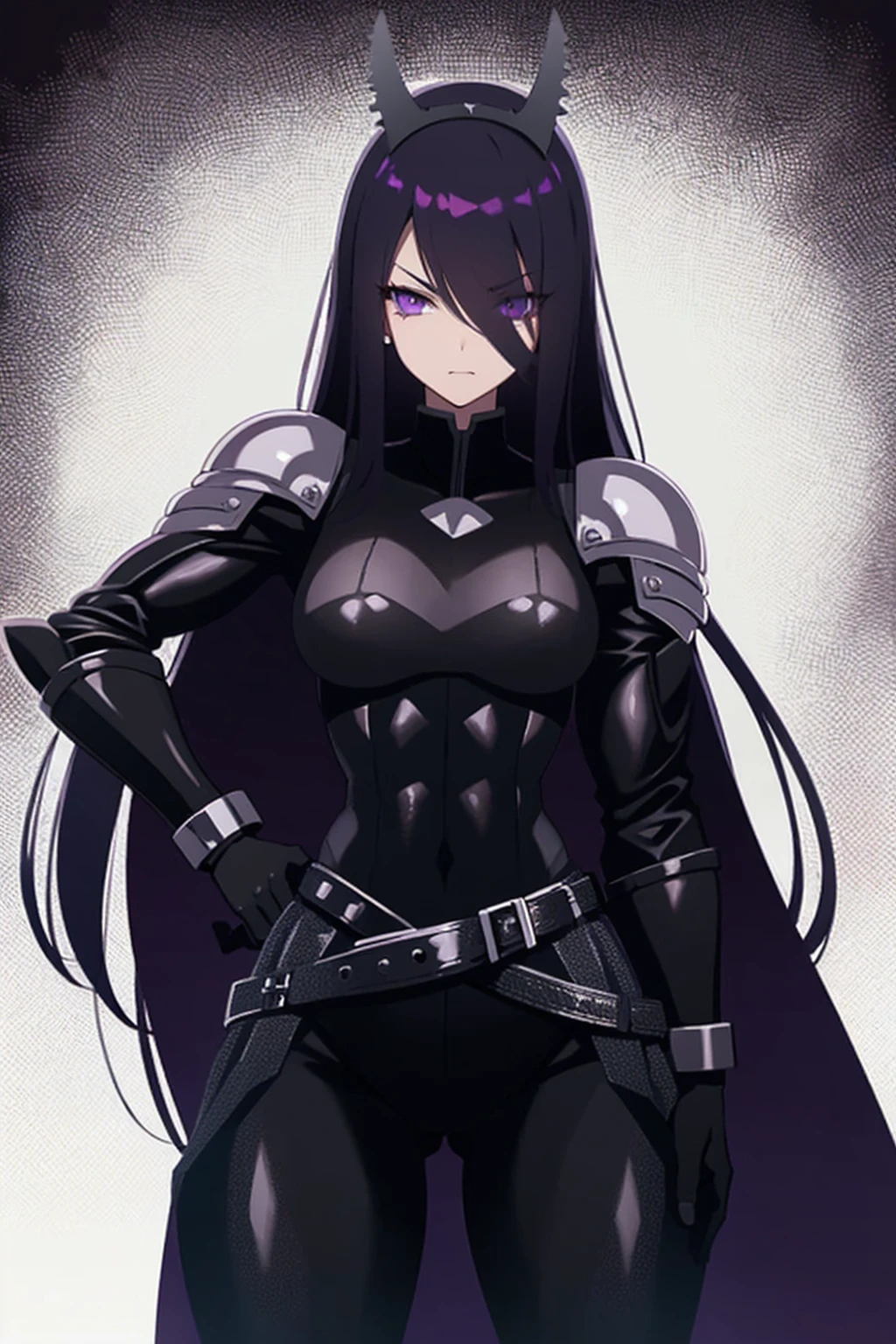 Adult woman with long dark purple hair, purple eyes, bowed head, with a black battle belt, dressed in tight gothic clothing, makeup, prodigy warrior, black gloves, serious, good vibes, with a small stone crown, with simple shoulder pads, scratches on his pants, with a cape and a cool shirt, black pants, with a mecha mask and dark war combat attire