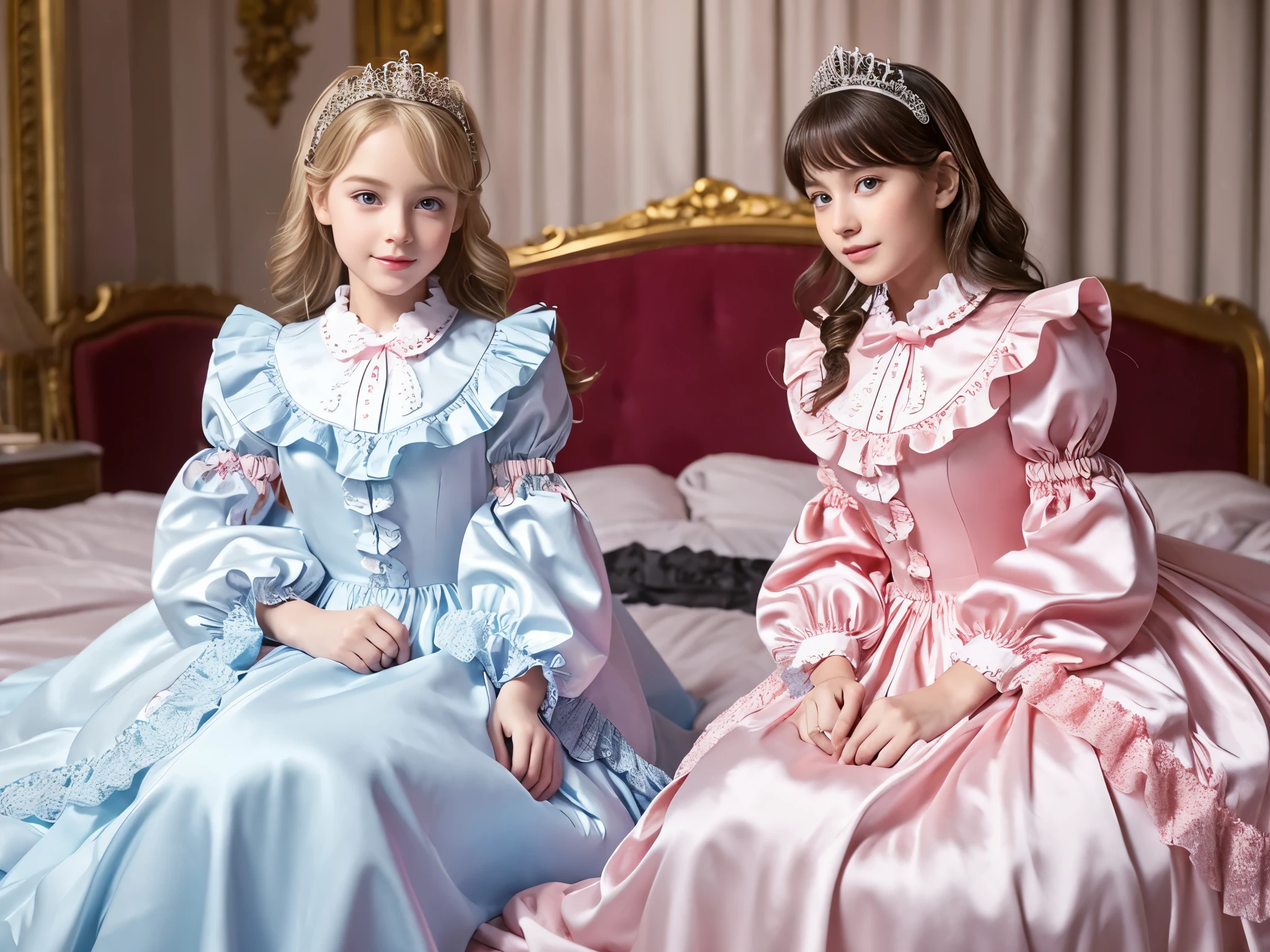 ,highest quality, masterpiece, highest resolution, artwork, super それにget used to it, many get used to it, get used to it, それにget used to it, 3K realistic photos,,((10 year old little girls)),Super detailed baby face,they are both princesses,Full length ball gown dress with hoop skirt,ruffle yoke collar,puff sleeves,long sleeve,((Lolita style hot pink detailed princess satin dress、Comes with lots of frills and ribbons。)),Colorful fashion in rococo style,shiny satin dress,Soft and smooth fabric,luxury,long blonde hair,blue eyes,white skin european,pajamas,((inside the palace bedroom)),Canopy bed,Princess Bed,Sitting on the bed,detailed bed,