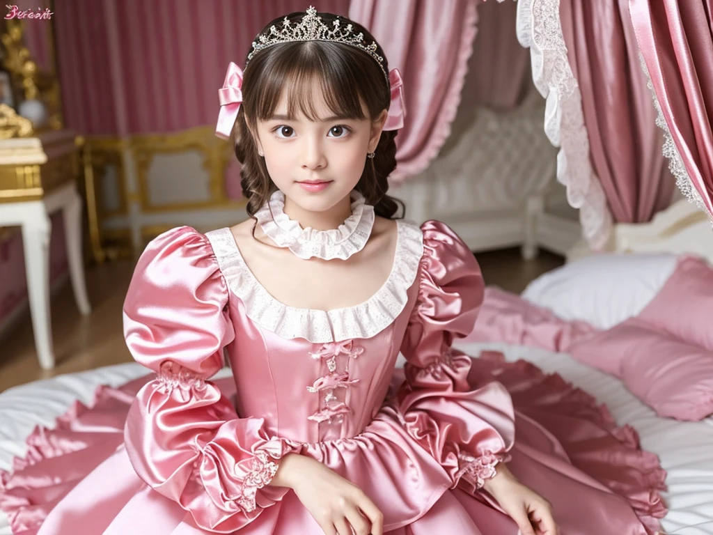 ,highest quality, masterpiece, highest resolution, artwork, super それにget used to it, many get used to it, get used to it, それにget used to it, 3K realistic photos,,(( girls)),Super detailed baby face,they arencesses,Full length ball gown dress with hoop skirt,ruffle yoke collar,puff sleeves,long sleeve,((Lolita style hot pink detailed princess satin dress、Comes with lots of frills and ribbons。)),Colorful fashion in rococo style,shiny satin dress,Soft and smooth fabric,luxury,long blonde hair,blue eyes,white skin european,pajamas,((inside the palace bedroom)),Canopy bed,Princess Bed,Sitting on the bed,detailed bed,