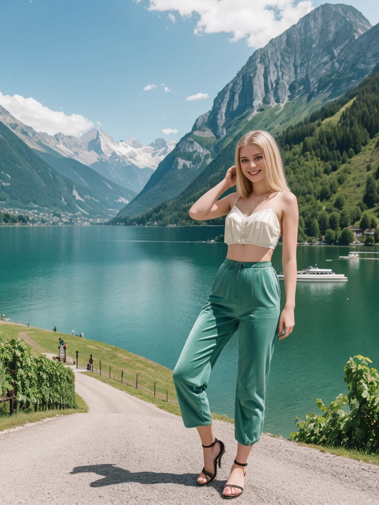 her name is Marie, 1girl, ((20-year-old fit Caucasian woman)), ((20 years old)), ((fit)), , ((pale skin tone)), ((medium length straight blonde hair)), wearing A velvet corset top paired with wide-leg utility pants, smiling, pose: standing, background: Write about the serene beauty of Switzerland's Lake Geneva, surrounded by the majestic Alps and dotted with charming lakeside towns and vineyards