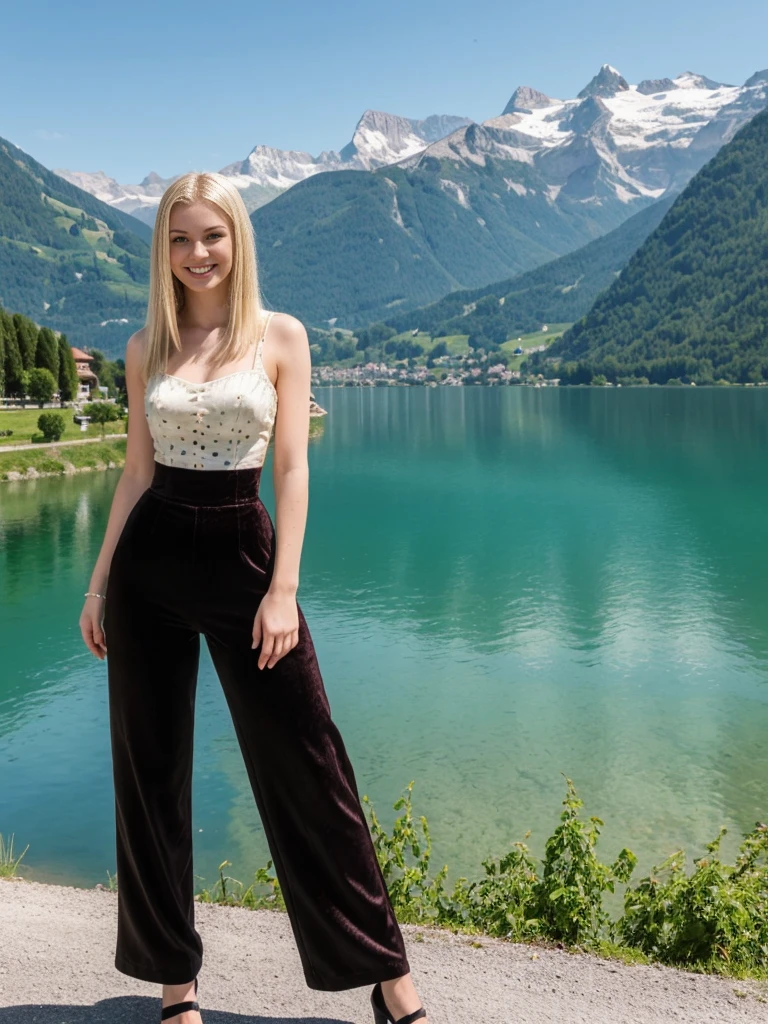 her name is Marie, 1girl, ((20-year-old fit Caucasian woman)), ((20 years old)), ((fit)), , ((pale skin tone)), ((medium length straight blonde hair)), wearing A velvet corset top paired with wide-leg utility pants, smiling, pose: standing, background: Write about the serene beauty of Switzerland's Lake Geneva, surrounded by the majestic Alps and dotted with charming lakeside towns and vineyards