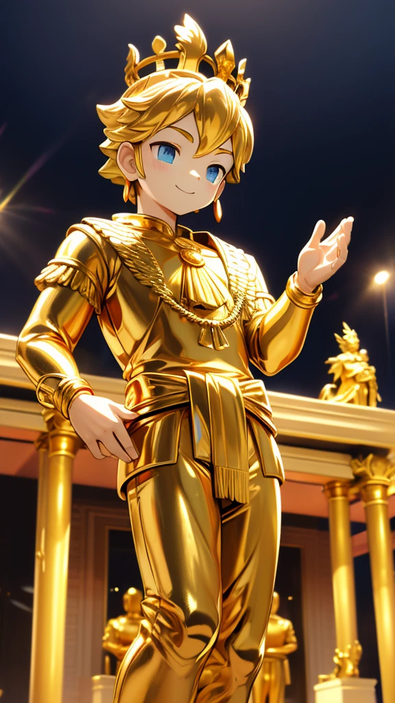 一个男孩的Gold statue旁边停着一只燕子。王子的Gold statue，Prince style，Prince costume，Court dress，Gold statue，男孩的Gold statue，带着黄金冠冕的Gold statue，脚边停着一只燕子的Gold statue，Golden Boy Statue，Gold statue，Cute boy，British style，Victorian style，crown，crown，Golden Boy Sculpture，Golden Boy Statue，Gold statue，shotaGold statue，Cute boy，shota，Cute boy，Cute boy，Giant golden statue，Giant golden statue，Outdoor Background，Smiling statue，Close-up above the waist镜头，Close-up above the waist