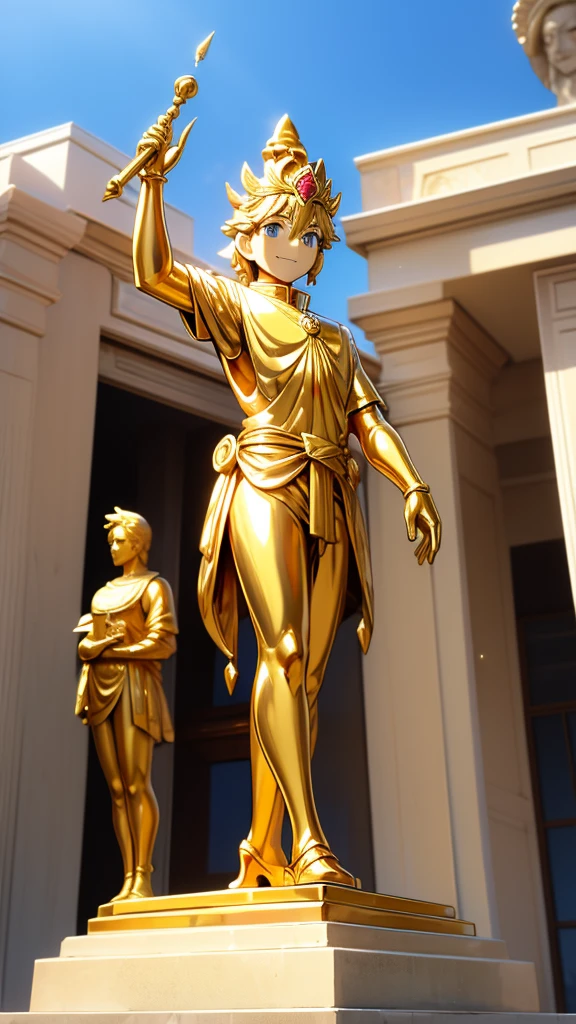 一个男孩的Gold statue旁边停着一只燕子。王子的Gold statue，Prince style，Prince costume，Court dress，Gold statue，男孩的Gold statue，带着黄金冠冕的Gold statue，脚边停着一只燕子的Gold statue，Golden Boy Statue，Gold statue，Cute boy，British style，Victorian style，crown，crown，Golden Boy Sculpture，Golden Boy Statue，Gold statue，shotaGold statue，Cute boy，shota，Cute boy，Cute boy，Giant golden statue，Giant golden statue，Outdoor Background，Smiling statue，Close-up above the waist镜头，Close-up above the waist