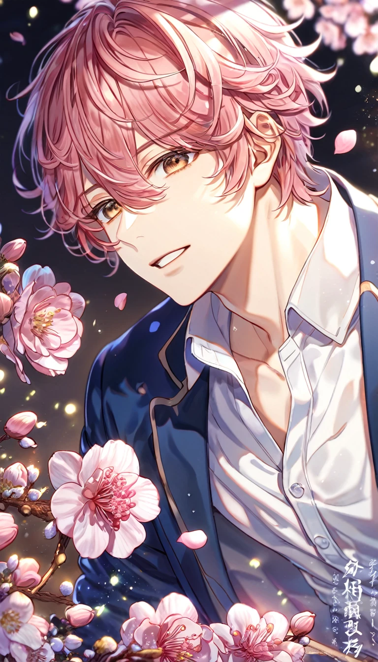 absurdres, highres, ultra detailed, HDR, master piece, Sato Mafuyu, brown-pink hair, expressive brown eyes, white shirt, blue jacket, Given, sexy man, handsome, best quality, blossoms, pink petals, pink flowers, fantasy, magical, blue shining fireflies, solo, blue and black clothes,