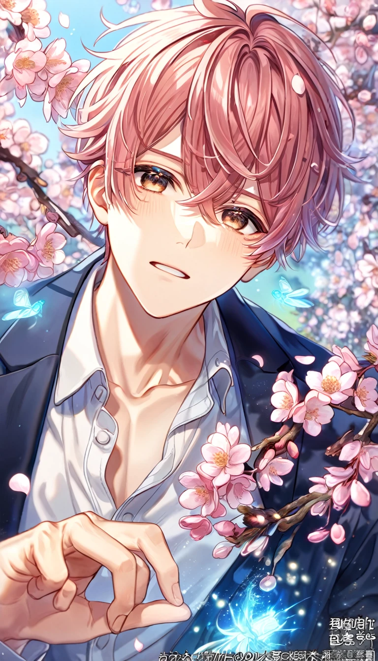 absurdres, highres, ultra detailed, HDR, master piece, Sato Mafuyu, brown-pink hair, expressive brown eyes, white shirt, blue jacket, Given, sexy man, handsome, best quality, blossoms, pink petals, pink flowers, fantasy, magical, blue shining fireflies, solo, blue and black clothes,