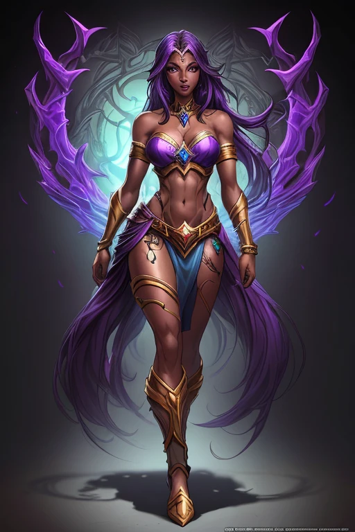 League of Legends character, Sorceress, 25 years old, dark skin, dark skinned female, long purple hair, purple eyes, purple lips, purple eyeliner, covered in tattoos, (Wearing: strapless top, loincloth, golden bracelets1.2). Whole body, Casual pose, Beautiful pose, (Extremely detailed CG 8k wallpaper), (Extremely delicate and beautiful), (Masterpiece), (Best quality: 1.0), (Ultra-high resolution: 1.0), Beautiful lighting, Perfect lighting, Realistic shadows, [high resolution], Detailed skin, Super detailed (((Colorful))), Digital art, League of Legends concept art, full body concept art, Expert concept art with high detail, concept-art, rpg game concept art, concept-art, Vonka Xu style, Video game concept art, 4K, full body portrait

