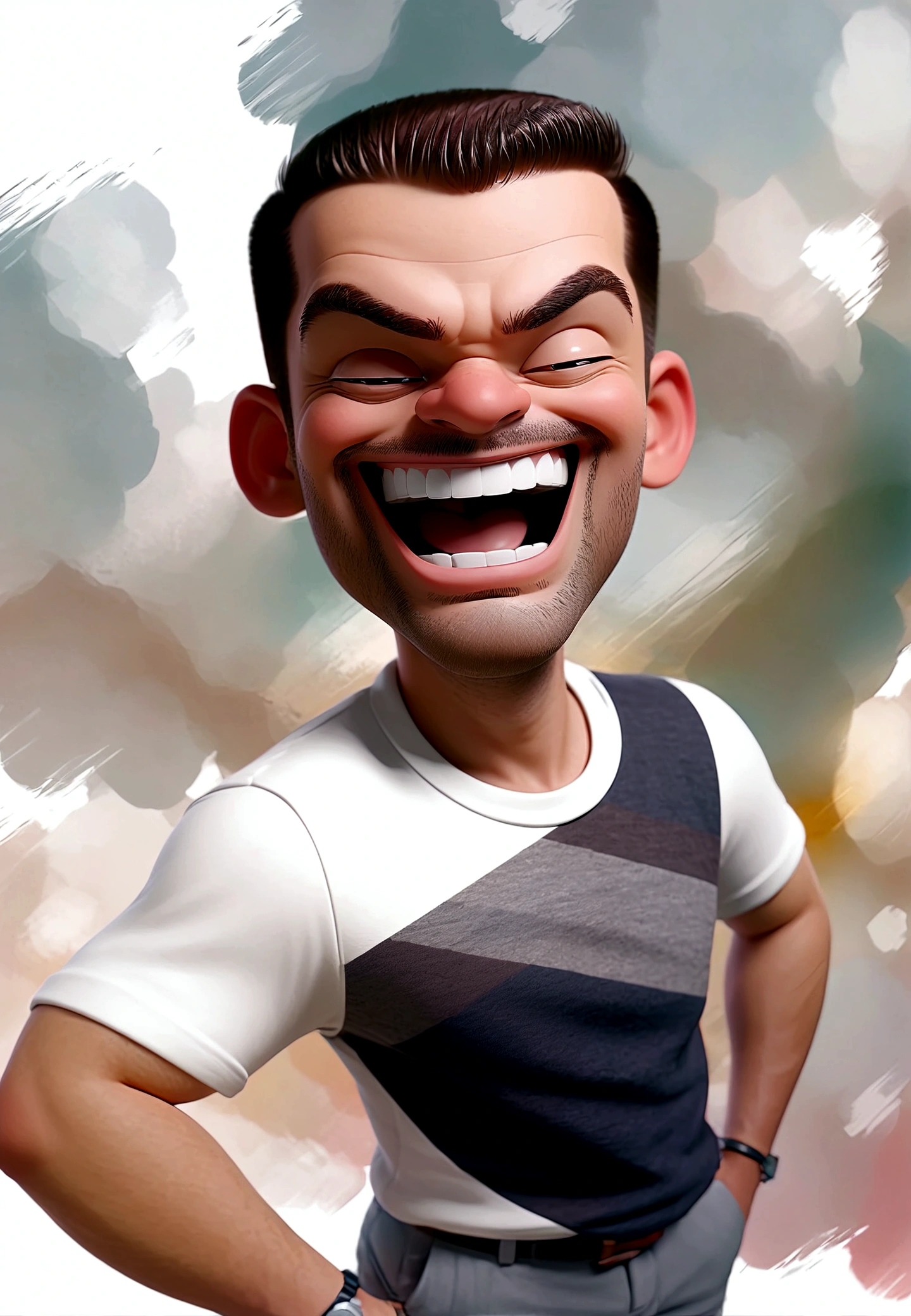 Illustration of smiling man, insane smile, Light-skinned man with a giant smile, smiling happily at the camera, cheeky smile, he is smiling, very huge smile, smiling male, headshot profile picture, laughing huge smile, drawing in 3D Art style, C4D, pure white color background, Disney  style, pixar style render illustration Super Detail, 8K