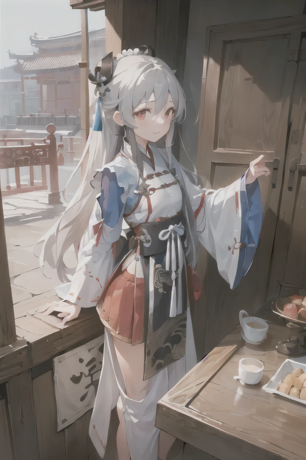 ((masterpiece, Highest quality)),alone,(child), One girl, Upper Body, Black Hair, Very long hair, smile, Put your arms behind your back, Hanfu,song style, Straight,
Gray Hair, Red eyes,
Detailed Background,blue sky,Chinese style architecture,