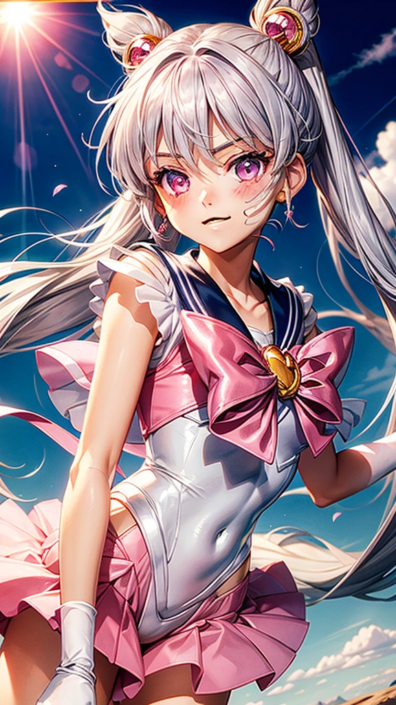 Silver hair, pink eyes, woman, sun and cloud background, pink clothes, hair bows, happy face, sailor moon outfit