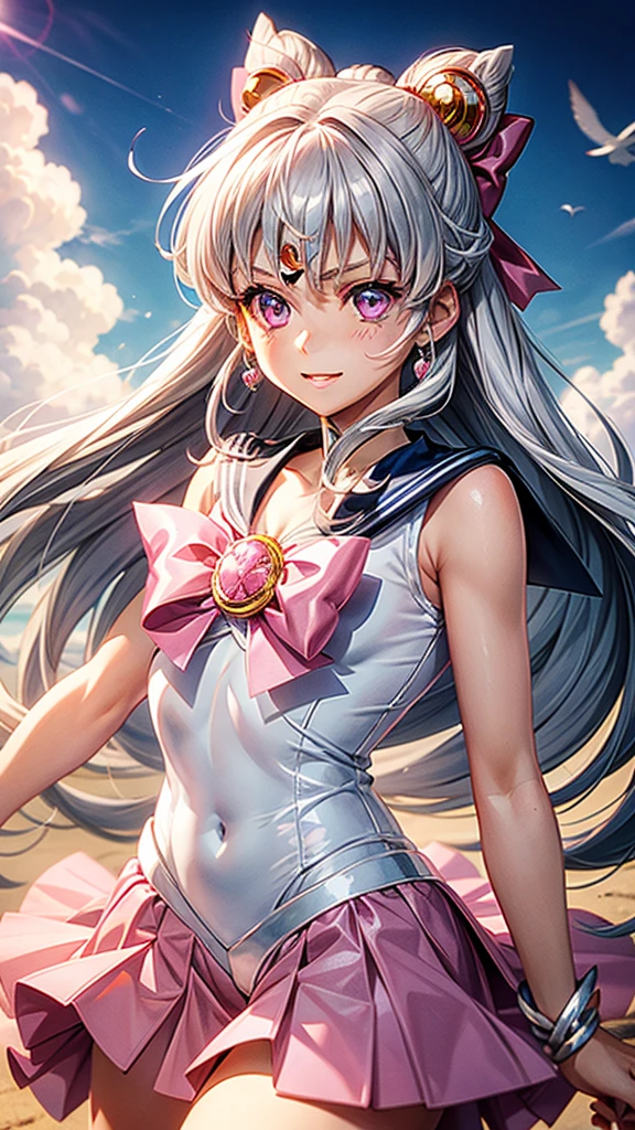 Silver hair, pink eyes, woman, sun and cloud background, pink clothes, hair bows, happy face, sailor moon outfit