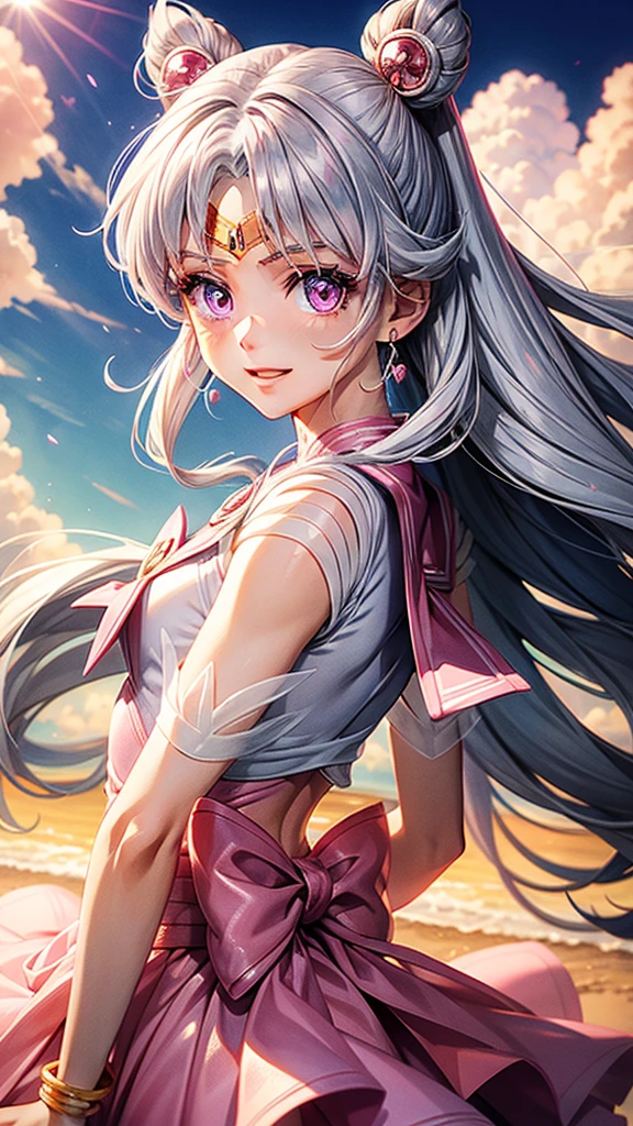 Silver hair, pink eyes, woman, sun and cloud background, pink clothes, hair bows, happy face, sailor moon outfit