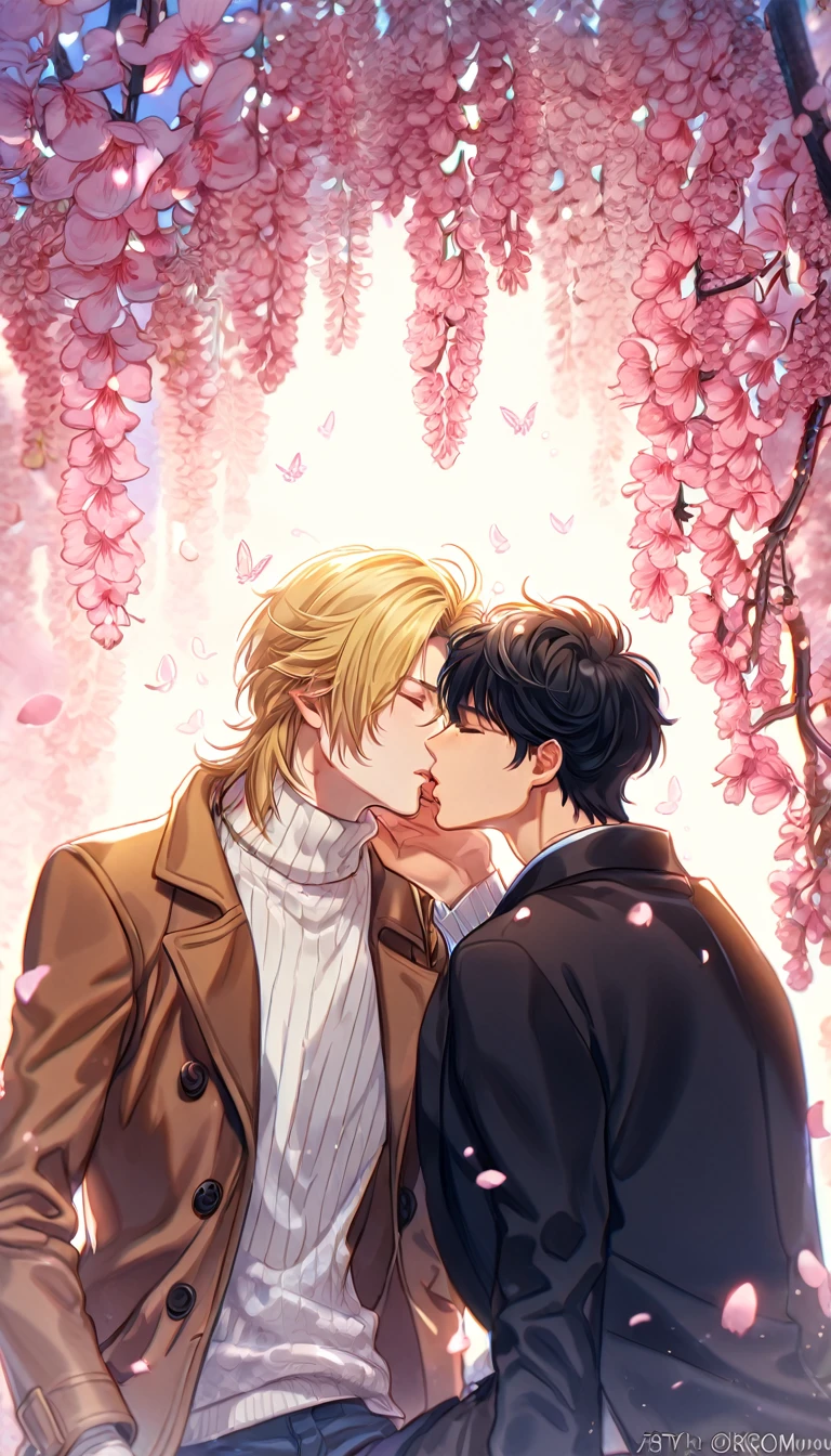 absurdres, highres, ultra detailed, HDR, master piece, best quality, Ash Lynx, blonde hair, closed eyes, banana fish, Okumura Eiji, black hair, closed eyes, two sexy men kissing, yaoi, gay couple, handsome, brown coat, white sweater, black coat, fantasy, shining, pink flowers, pink blossoms, pink butterflies, pink petals