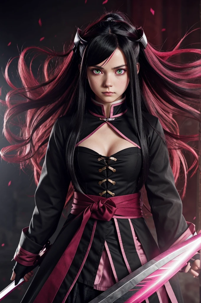 girl with long hair, black color with burgundy edges, eyes with heterochromia the left eye is dark red and the right eye is pink, dressed in a demon slayer outfit from Kimetsu No Yaiba with animation by Ufotable