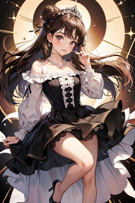 It Baby has fair skin and dark brown eyes. Her brown hair is worn up in a multi-sectioned bun and slightly curled inward bangs with caramel streaks. She wears light pink lipstick and blush, and over her eyes are a pair of black cat-eye sunglasses. On her head is a thin white headband with a tiara made from pearls to match her necklace. She also wears a black dress with a pleat skirt, black shoes with tiny bows on the foot, and a frilly white skirt. SPARKLE; GLITTER