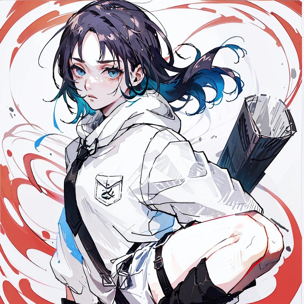 ((body)) skinny, short, pale, freckles on the face, 18 years old ((hair)) long black hair, messy, ((eyes)) green eyes, ((outfit)) school Japanese women's , tie, knitted shoe covers, black cotton fingerless gloves, black boots