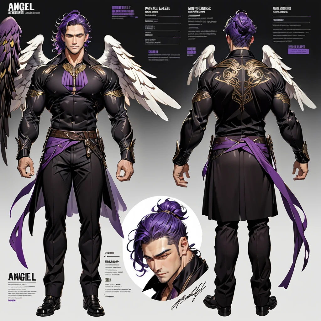 (Masterpiece, best quality), detailed, 1 man, ((character concept art)), ((character design sheet, same character, front, side, back)), full body, body complete, 1 Male, 1 Man, Detailed face, character design sheet，full bodyesbian, Highly detailed, character sheet, character design, Many parts, angel wings, long purple ponytail hair, angel outfit, muscle male god, male clothes, masculine, muscle man, male muscle, manly, male angel, Muscle male with purple long ponytail hair，beautiful man,