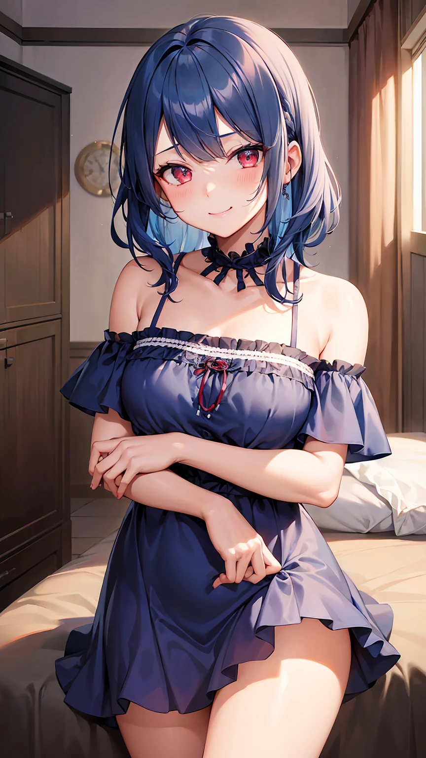 Girl1,cowboy shot,blue hair,red eyes,parted bangs,(Sleeping dress,background in the room),((wink,smile,Shy,embarrassment)),HD,highly detailed