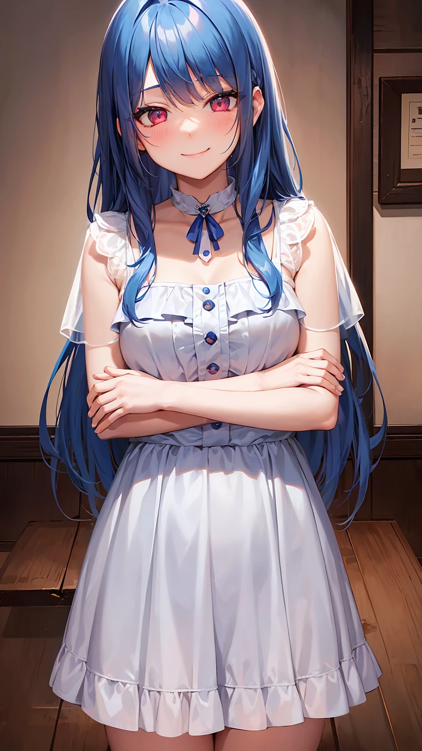 Girl1,cowboy shot,blue hair,red eyes,parted bangs,(Sleeping dress,background in the room),((wink,smile,Shy,embarrassment)),HD,highly detailed