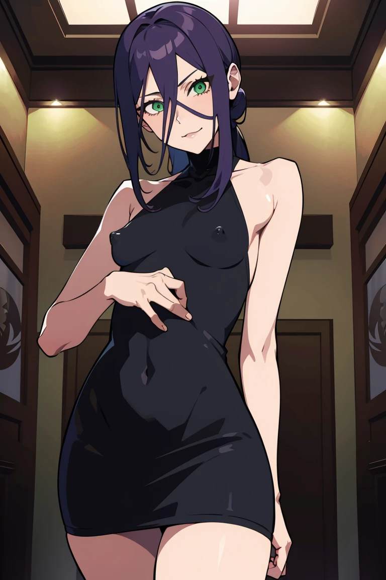 An anime-style artwork depicting Reze from the anime chainsaw man. Tags: Reze, anime, detailed eyes, detailed lips, (topless:1.1), black miniskirt, smiling expression, intense gaze, inverted nipples,dynamic pose, indoor, palace, vibrant colors, digital art, high-resolution, professional quality, small breasts, curvy, cowboy shot, (small breasts: 1.4), (green eyes:1.1), (purplish blue hair)