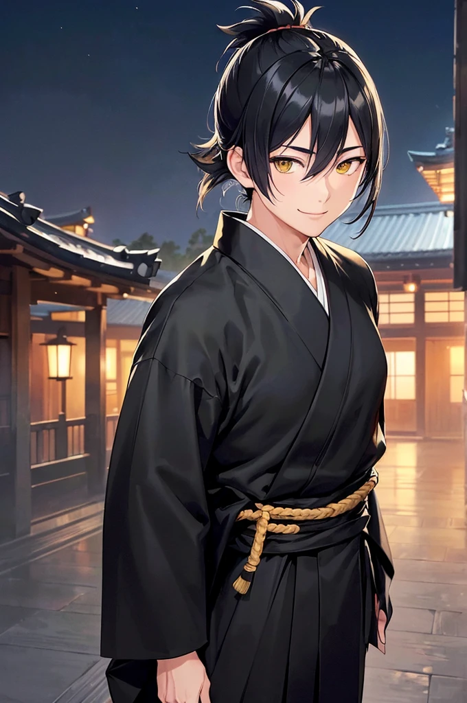 (masterpiece; best quality: 1.2), (finely detailed eyes: 1.3), ((1 male)), ((solo)), (yellow eyes: 1.4), (masculine; lean: 1.3), (short black hair in low ponytail: 1.3), (beautiful and clear background: 1.2), (extremely detailed CG + ultra-detailed + best shadow: 1.1), ((depth of field)), (clothes: all-black ronin hakama + all-black ronin kimono: 1.3), (anime illustration: 1.2), (background; old japanese mansion exterior+ night: 1.1), (extremely fine and handsome: 1.1), (shot composition; standing + close-up: 1.5), (expression; calm, smile: 1.2)