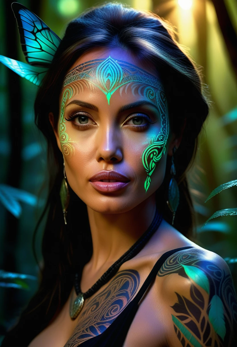 Generate an image of a young woman, similar to Angelina Jolie, with indigenous skin adorned with intricate details., multicolored photoluminescent tattoos, surrounded by magical glow in a mystical forest. Convey an air of mystery and fantasy through your expressions and environments. super realistico