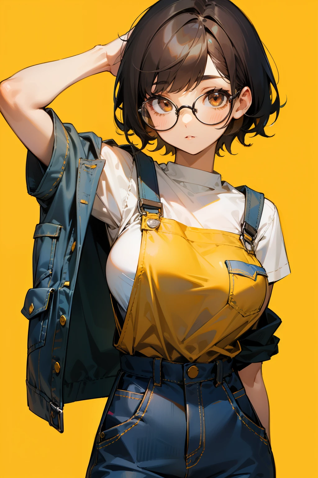 Cute girl, yellow skin, short black hair, brown eyes, eyes protected by silver glasses frames, wearing a blue overalls with a front pocket, big breasts