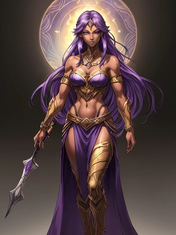 Fire Emblem character, Sorceress, 25 years old, dark skin, dark skinned female, long purple hair, purple eyes, purple lips, purple eyeliner, covered in tattoos, (Wearing: strapless top, loincloth, golden bracelets1.2). Whole body, Casual pose, Beautiful pose, (Extremely detailed CG 8k wallpaper), (Extremely delicate and beautiful), (Masterpiece), (Best quality: 1.0), (Ultra-high resolution: 1.0), Beautiful lighting, Perfect lighting, Realistic shadows, [high resolution], Detailed skin, Super detailed (((Colorful))), Digital art, Fire Emblem concept art, full body concept art, Expert concept art with high detail, concept-art, rpg game concept art, concept-art, Yusuke Kozaki style, Video game concept art, 4K, full body portrait
