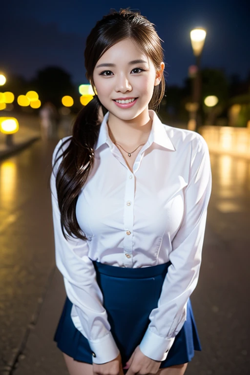 (a gorgeous lady, age 22, Formal Office Lady, white shirt and mini-skirt, natural pose under night sky, Tokyo Disneyland, dimpled smile, short ponytail, cute snaggletooth, ample round bosom, photorealistic, beautiful detailed eyes, beautiful detailed face, hyper-realism, high contrast, ultra HD, realistic skin textures, top image quality, top-quality, super high resolution, fine details, very meticulously, the Cowboy shot, bokeh background)