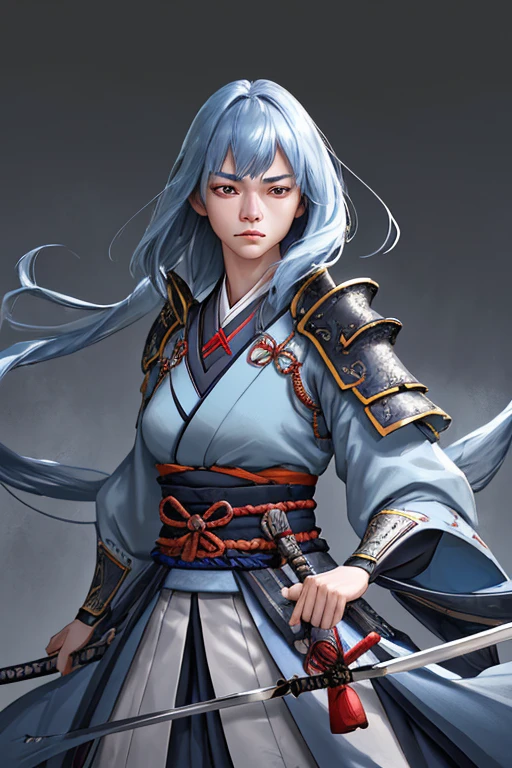 Samurai man, short stature, long sword, blue clothing details, battle stance, Long male hair, very masculine physiognomy, Chinese theme.[(Hassleblad H6D-400c)], [(medium format image)],[(dreamy)],[(400 mega pixels)], (photorealistic:1.4), (RAW photo:1.2), (8k), (masterpiece:1.3), (realistic), (hyper-realistic), ultra-detailed, illustration, very_high_realistic:1.5 ,very_high_resolution:1.5, HDR, CG, unity, 8k wallpaper, Amazing ,finely detail, official art, extremely detailed CG unity 8k wallpaper, (best quality), incredibly absurdres, ultra-detailed, light on face, cinema lights, cinematic lighting, professional lighting, photon mapping, radiosity, physically-based rendering, solo focus, sharp focus,
highres, extremely detailed ,extremely delicate and beautiful, intricate detail,  muscles, beautiful detailed girl, natural makeup, extremely detailed face,  looking away.