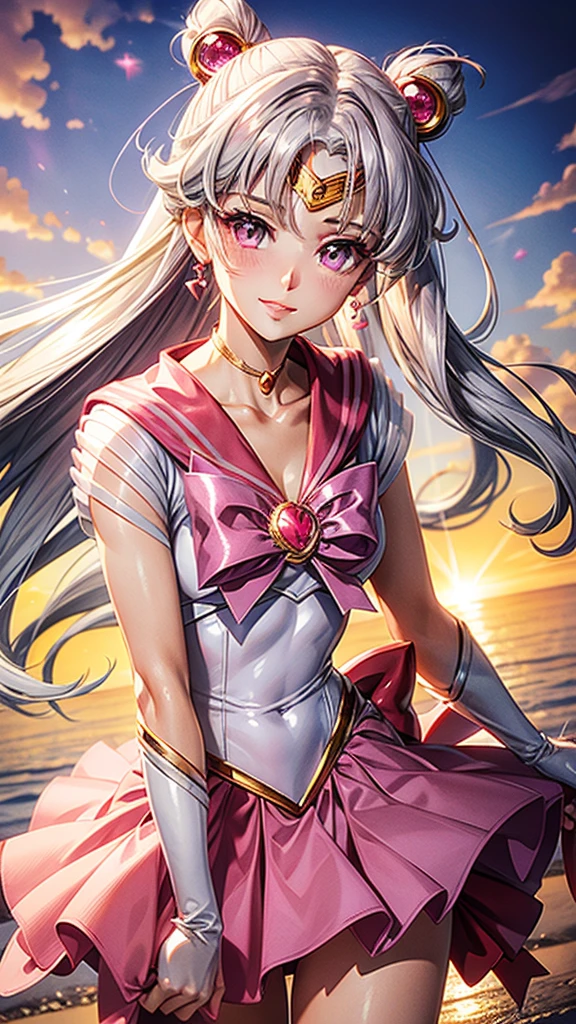 Silver hair, pink eyes, woman, sun and cloud background, pink red gold clothes, hair bows, happy face, sailor moon outfit , sexy