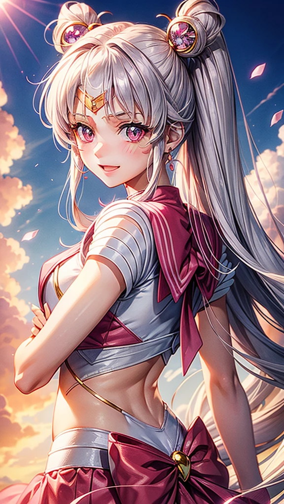 Silver hair, pink eyes, woman, sun and cloud background, pink red gold clothes, hair bows, happy face, sailor moon outfit , sexy