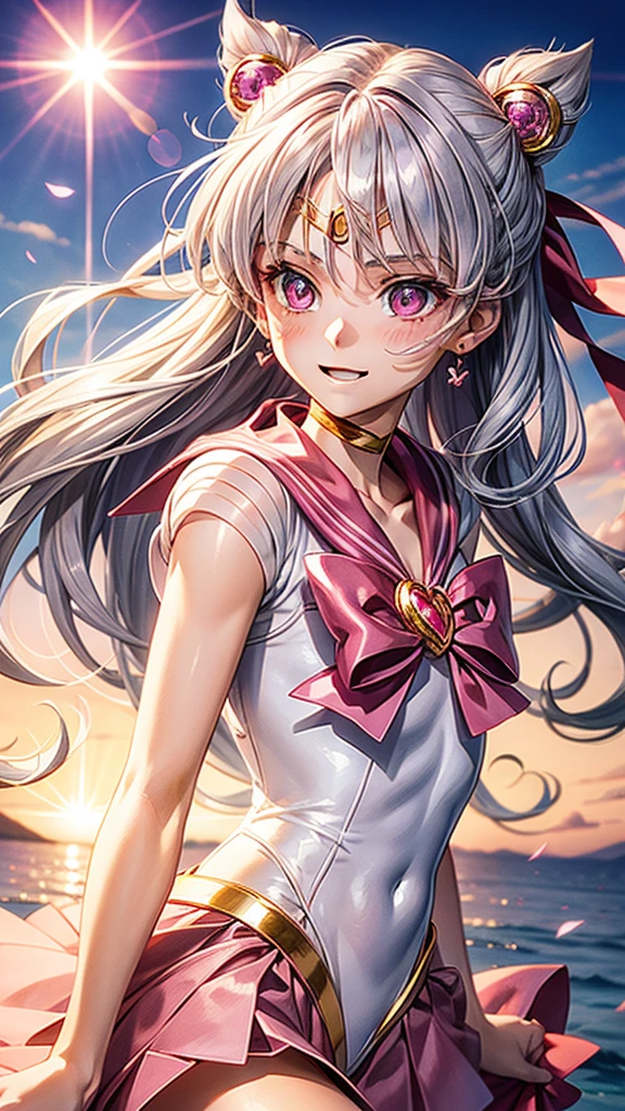 Silver hair, pink eyes, woman, sun and cloud background, pink red gold clothes, hair bows, happy face, sailor moon outfit , sexy