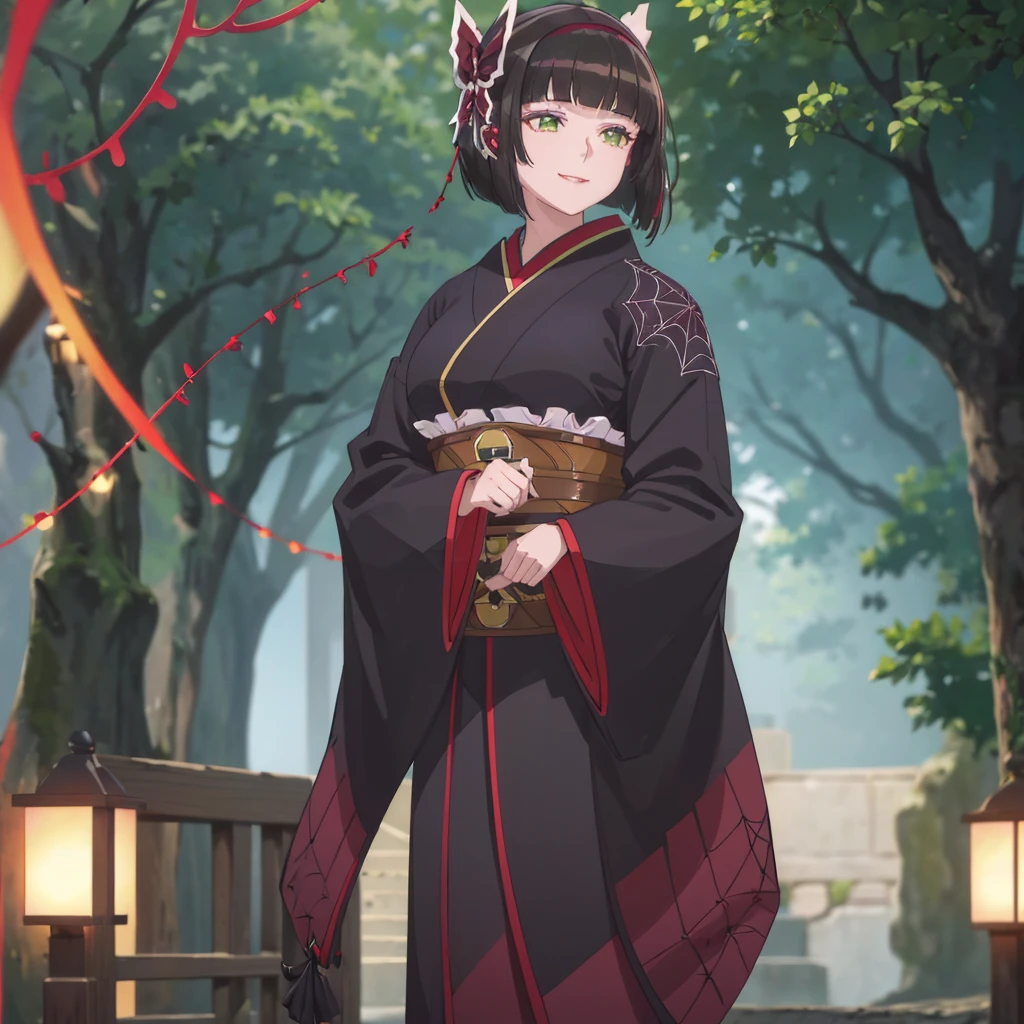 A woman wearing a traditional black kimono, with burgundy details, spider web details on the kimono, white stockings, walking on a wide road, with lots of spider webs in the trees, large breasts, green eyes, short black hair, burgundy bow over her hair, smiling, standing postured. UHD , prime work , accurate , anatomically correct , textured skin , super details , high quality , best quality, 8k, high resolution, bokeh effect. (woman alone)
